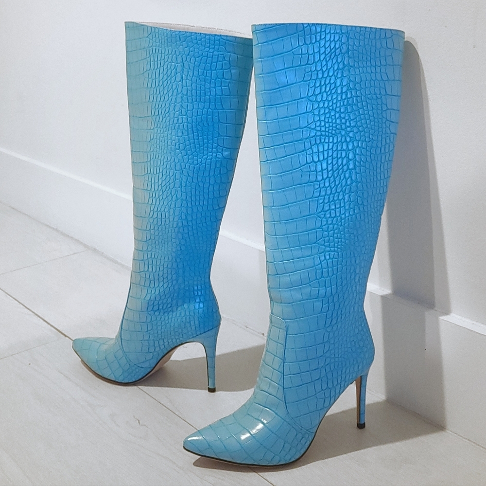 Blue Croc Embossed Stiletto Knee Boots